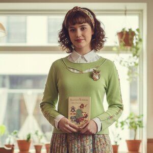 Bright Green Sweater Colorful Buttons Sz M Twee Cottage Fairy Coastal Kidcore